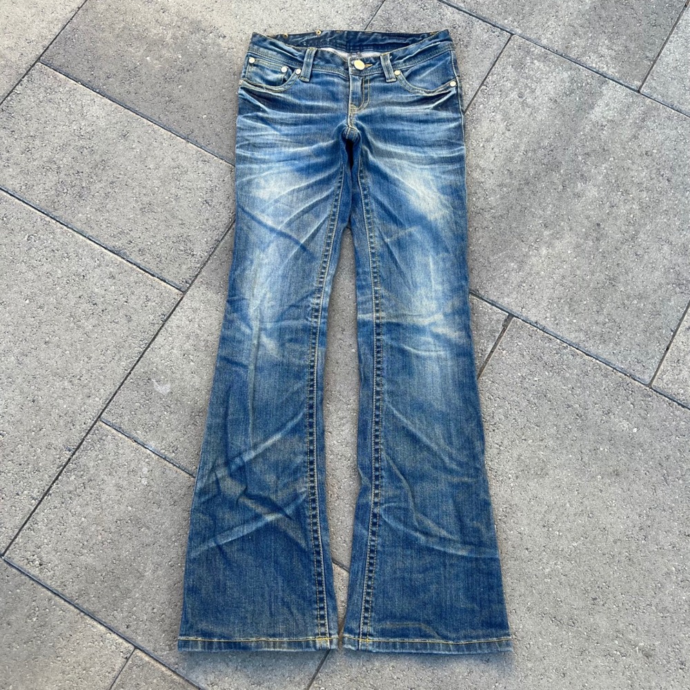 Fly Paper Women Low Rise Flare Jeans Blue Whiskered Distressed Denim Y2K Style